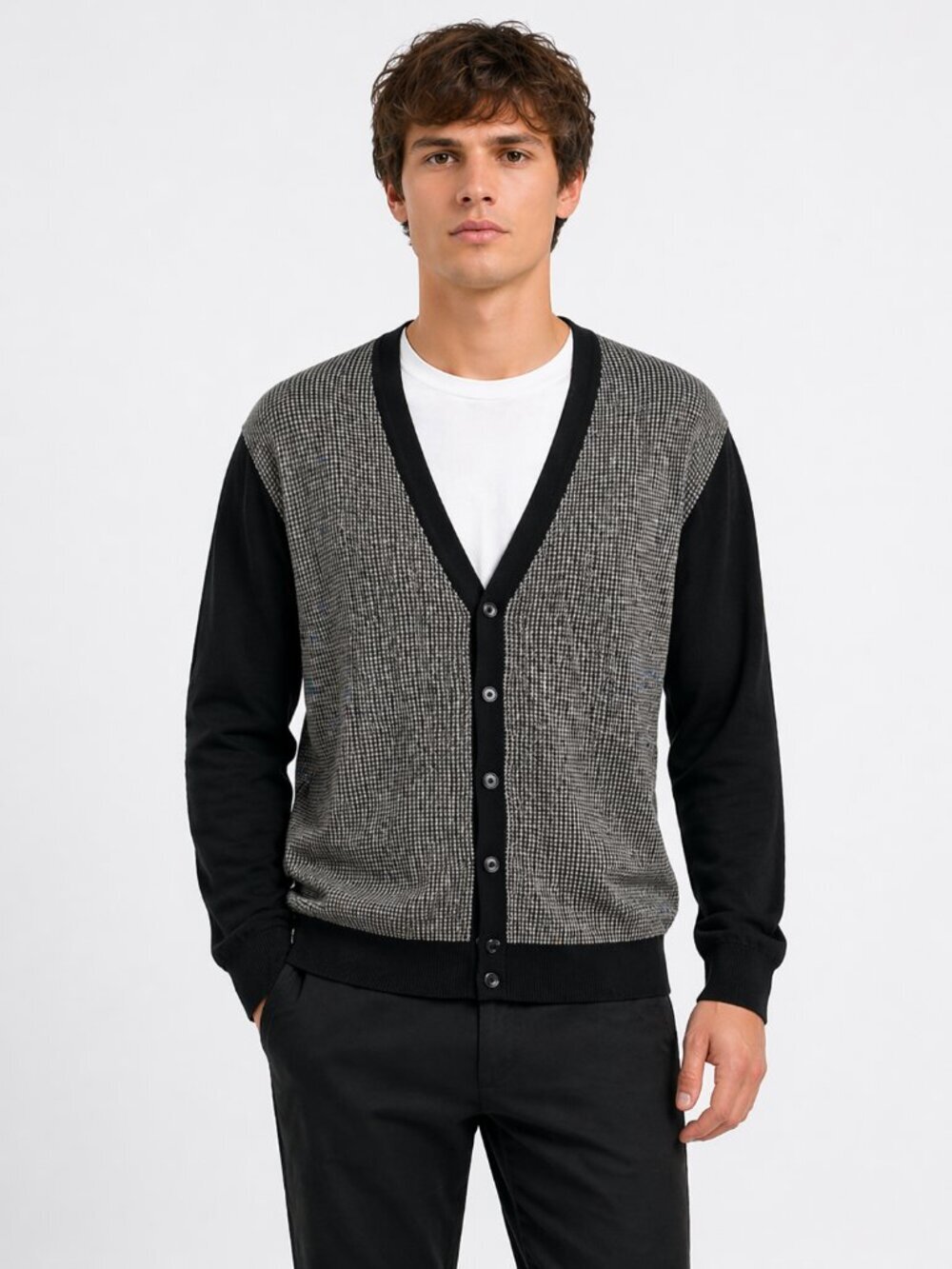 PAUL FREDRICK Silk Cotton Houndstooth V-Neck Button Cardigan Men’s Medium